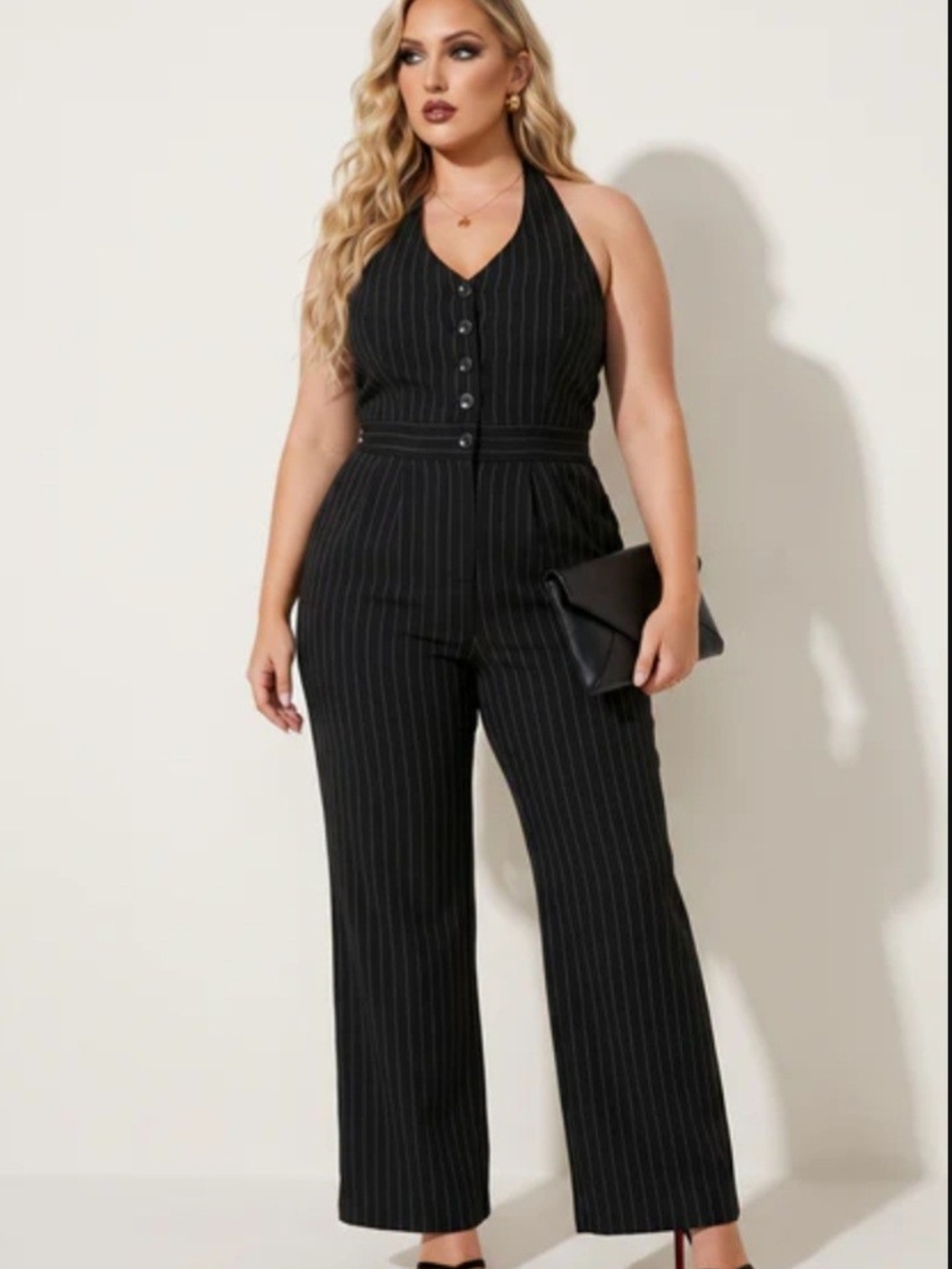 Pinstripe Halter Jumpsuit in Black